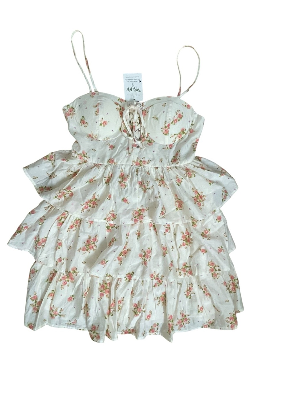 NWT Blu Pepper Cream Floral Corset Ruffle Tiered Lace Up Mini Dress S